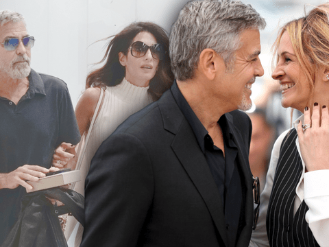 George und Amal Clooney - im Vordergrund turteln George Clooney und Julia Roberts (Bildmontage)