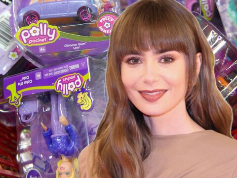 Fotomontage: Lily Collins lacht vor Polly Pocket-Puppen im Einkaufskorb
