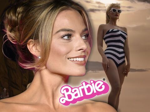Margot Robbie lächelt, daneben ein Bild von ihr im Badeanzug aus dem "Barbie"-Film