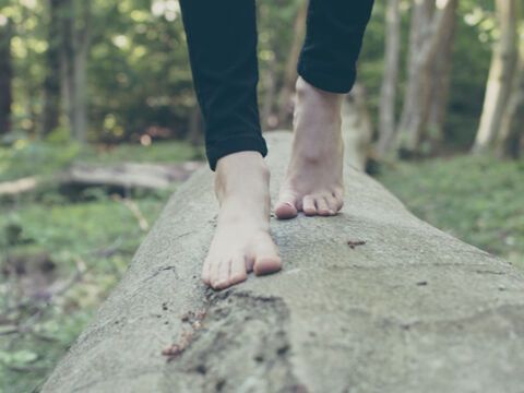 Füße balancieren barfuß über Baumstamm