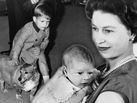 Königin Elizabeth II. mit Prinz Andrew als Baby - im Hintergrund Andrew als Kind mit einem Hund