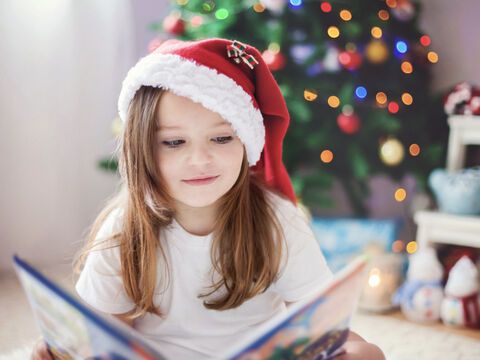 Mädchen mit Weihnachtsmütze sitzt vor einem Tannenbaum und ließt ein Buch