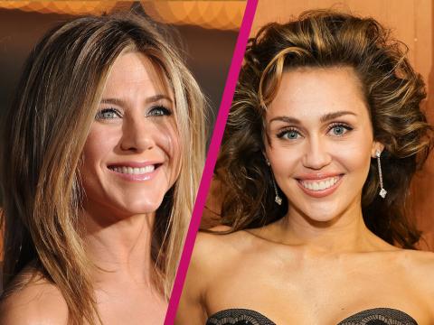 Collage Jennifer Aniston und Miley Cyrus mit pinken Strich