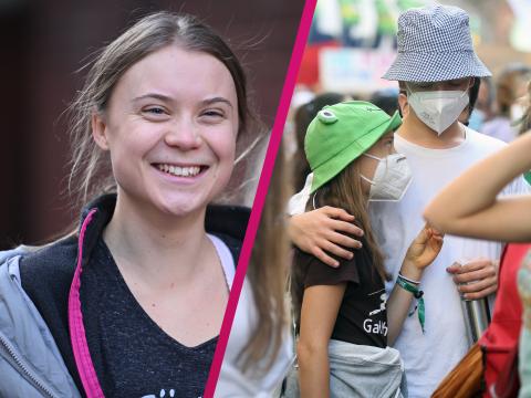 Greta Thunberg lächelt, daneben ein Bild von ihr mit einem Jungen