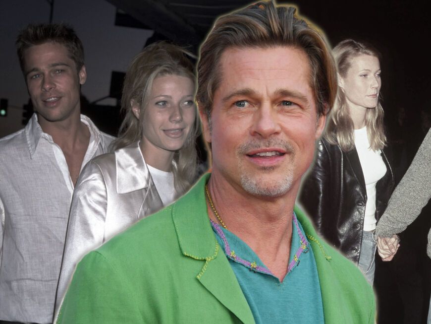 Brad Pitt grinst in die Kamera, im Hintergrund sind alte Bilder von ihm und Gwyneth Paltrow zu sehen