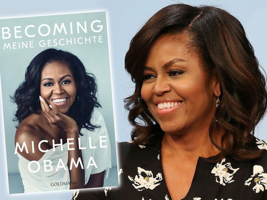 Fotomontage: Michelle Obama lächelt neben Buchcover zu Becoming
