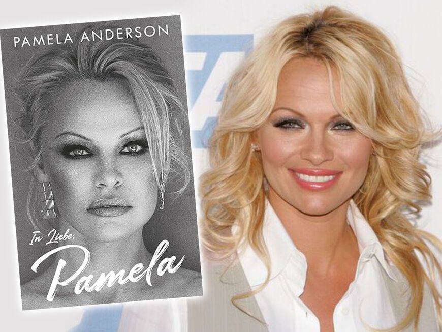 Fotomontage: Pamela Anderson lacht neben Buchcover von In Liebe, Pamela