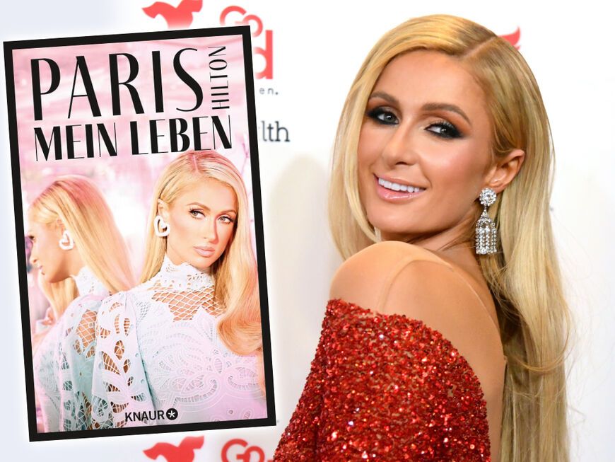Fotomontage: Paris Hilton lacht mit Buchcover Mein Leben