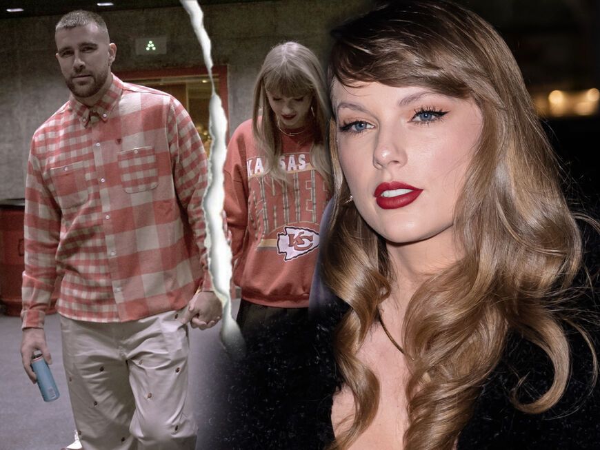 Taylor Swift sieht enttäuscht aus, im Hintergrund ein zerrissenes Bild von ihr und Travis Kelce beim Händchenhalten