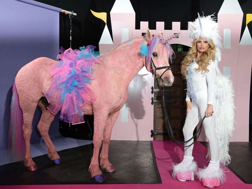 Katie Price im Einhornkostüm mit einem rosa Pferd als Einhorn verkleidet
