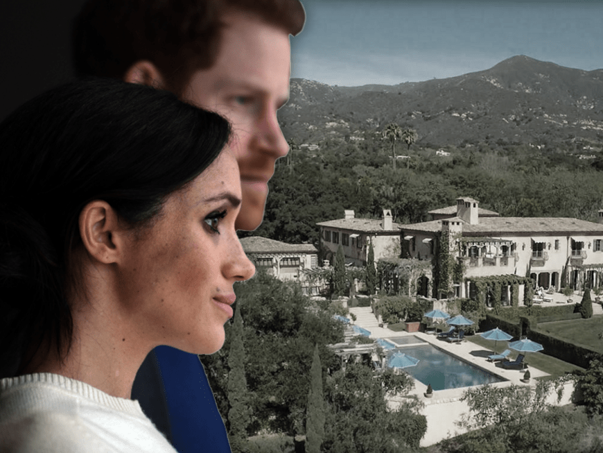 Montage: Prinz Harry und Herzogin Meghan - im Hintergrund ihr Anwesen in Montecito