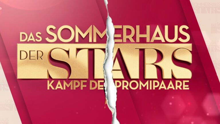 Das "Sommerhaus der Stars"-Logo in gold vor rotem Hintergrund mit einem Riss in der Mitte.