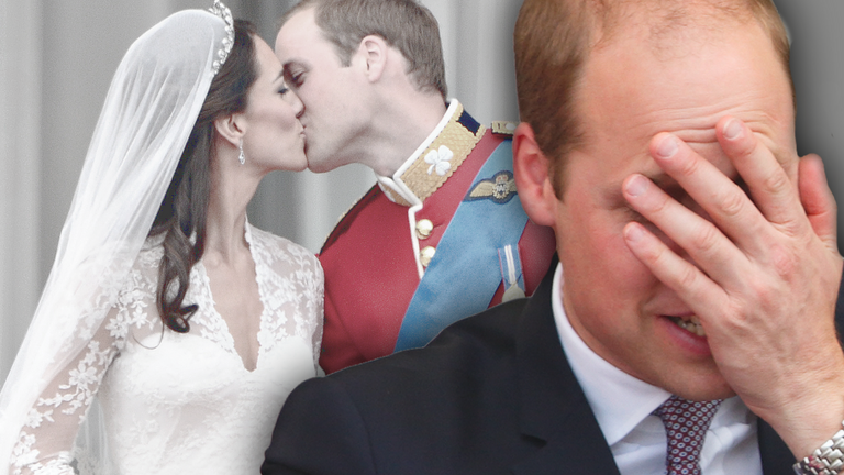 Prinz William hält sich beschämt die Hand vors Gesicht - im Hintergrund Hochzeitskuss mit Kate