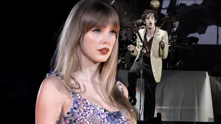 Taylor Swift guckt ernst, im Hintergrund singt Matty Healy auf der Bühne