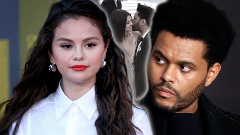 Selena Gomez und The Weeknd sehen ernst aus, im Hintergrund ist ein Kuss-Foto von ihnen zu sehen