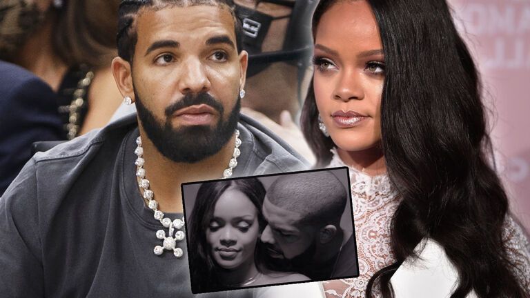 Drake und Rihanna sehen ernst aus, in der Mitte ein Bild von ihnen