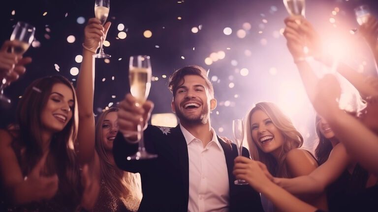 Freundesgruppe stößt mit Champagnergläsern an Silvester an