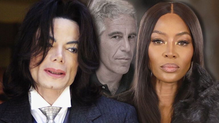 Michael Jackson und Naomi Campbell mit ernsten Gesichtern, im Hintergrund ein ausgegrauter Jeffrey Epstein