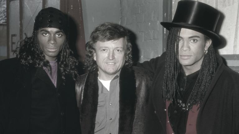 Frank Farian mit Fab Morvan und Rob Pilatus von Milli Vanilli im Jahr 1988