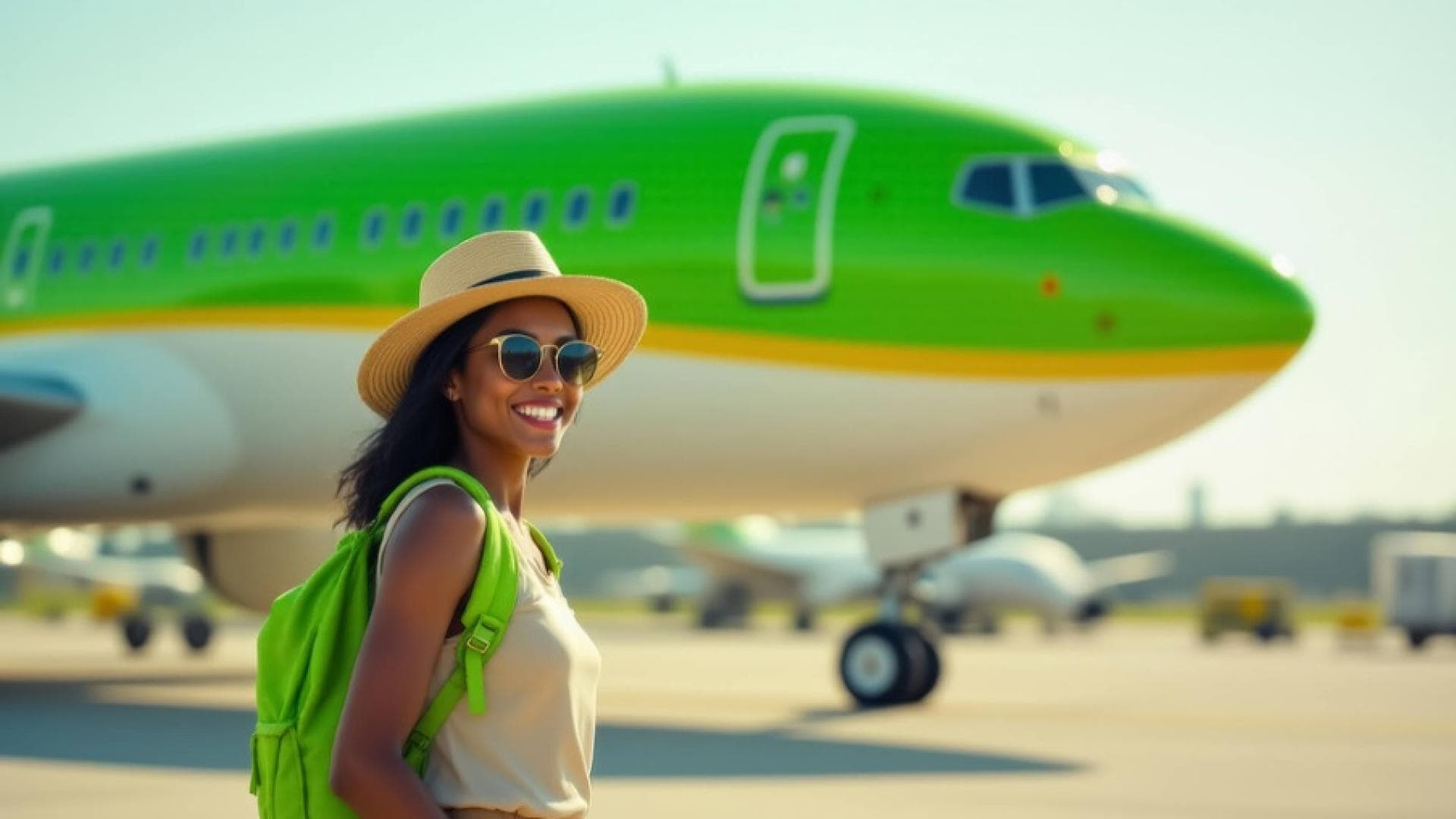 Eine junge Frau steht vor einem Flugzeug