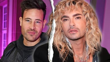Marc Eggers lächelt, Bill Kaulitz guckt ernst, in der Mitte ist ein Trennungsriss zwischen ihnen