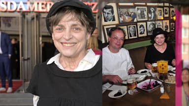 Katharina Thalbach lächelt, daneben ein Foto von ihr und Ehemann Uwe Hamacher beim Essen