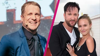 Oliver Pocher lacht, Michael Wendler und Laura Müller Arm in Arm