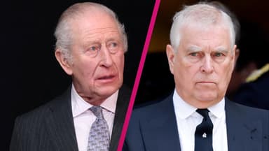 König Charles III. guckt ernst und traurig, Andrew Mountbatten-Windsor guckt ernst