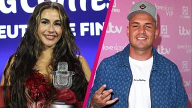 Sarah Engels mit ESC_Pokal und Pietro Lombardi