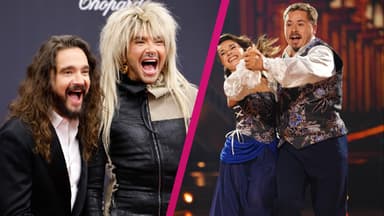 Tom Kaulitz und Bill Kaulitz lachen, Anastasia Maruster und Gustav Schäfer bei Let's Dance