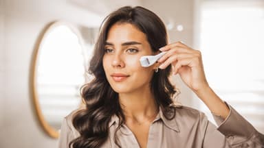 Frau zu Hause beim Microneedling