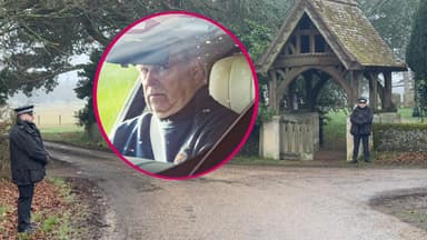 Fotomontage von Andrew Mountbatten Windsor und Polizeischutz vor Sandringham