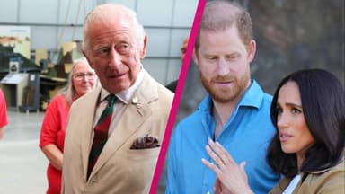 Collage von König Charles, Prinz Harry und Herzogin Meghan