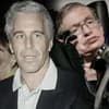 Jeffrey Epstein sieht schockiert aus, im Hintergrund ein Bild von Stephen Hawking