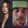 Hailey Bieber guckt ernst, daneben ein Selfie von weinendem Justin Bieber