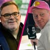 Elton lächelt, Knossi guckt mit Cappy auf dem Kopf und Mikrofon in der Hand kritisch zur Seite