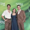 Philipp Büttner (l), als Tarzan, Abla Alaoui, als Jane, die neuen Haupdarsteller im Disney Musical "Tarzan", und Alexander Klaws (r)