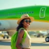 Eine junge Frau steht vor einem Flugzeug