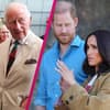 Collage von König Charles, Prinz Harry und Herzogin Meghan