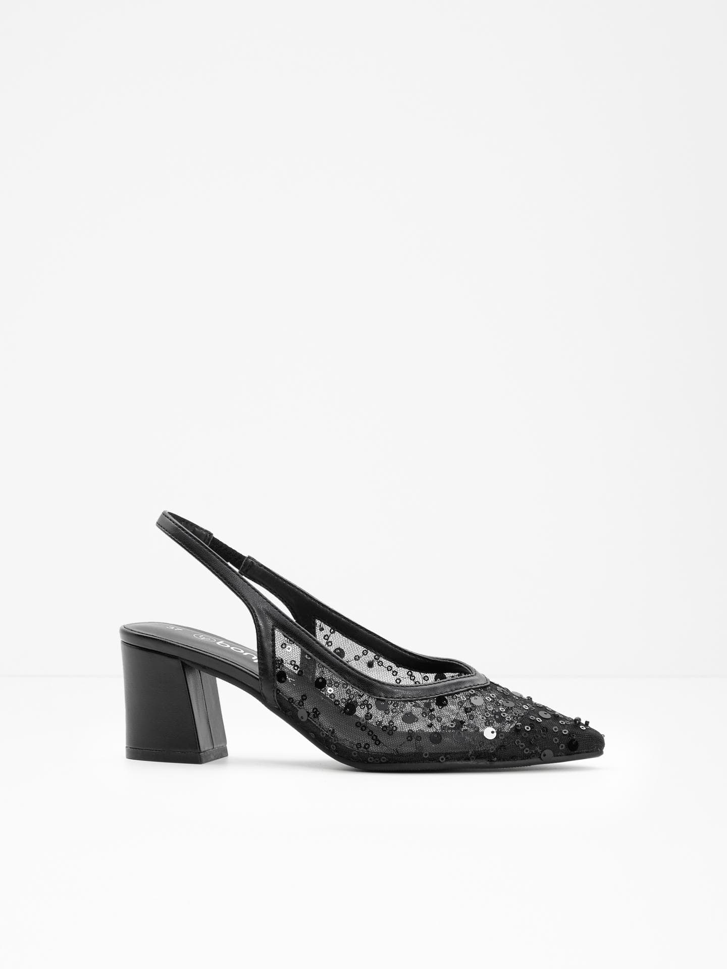 Zum Verlieben: Slingpumps mit Pailletten und bestickter Spitze. Zum Verlieben: Slingpumps mit Pailletten und bestickter Spitze.