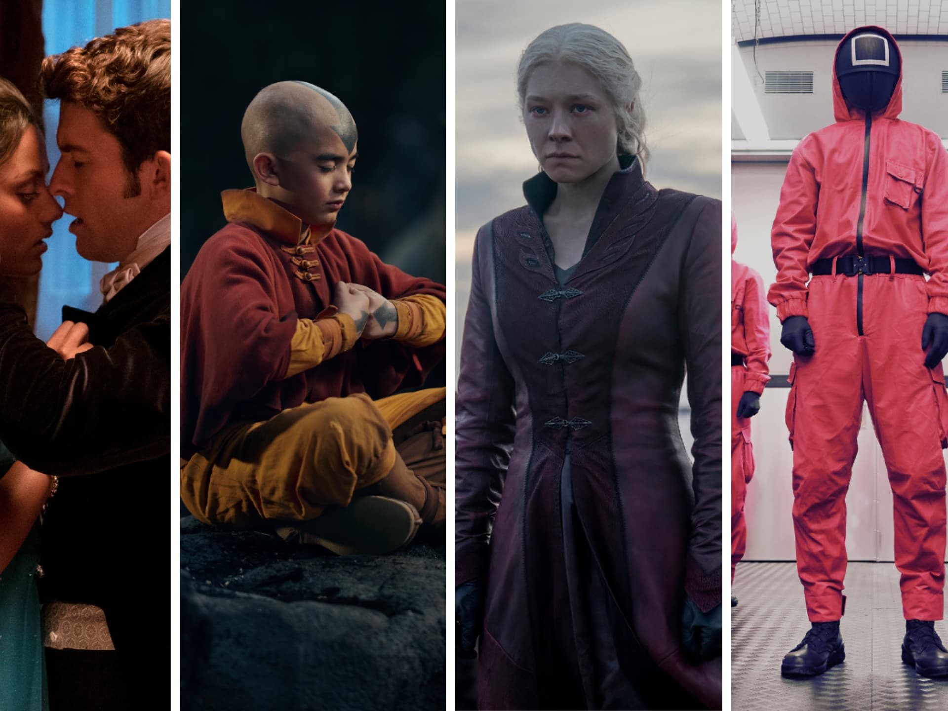 Serienhighlights 2024 Serienstandbilder-Collage Bridgerton, Avatar, House of the Dragon und Squid Game