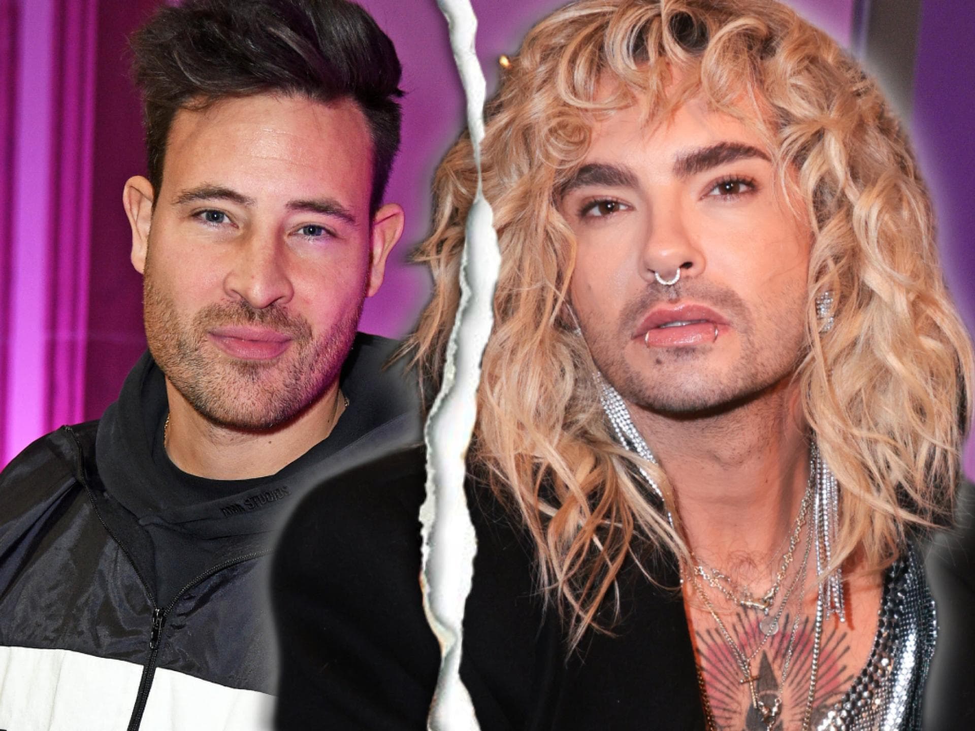 Marc Eggers lächelt, Bill Kaulitz guckt ernst, in der Mitte ist ein Trennungsriss zwischen ihnen