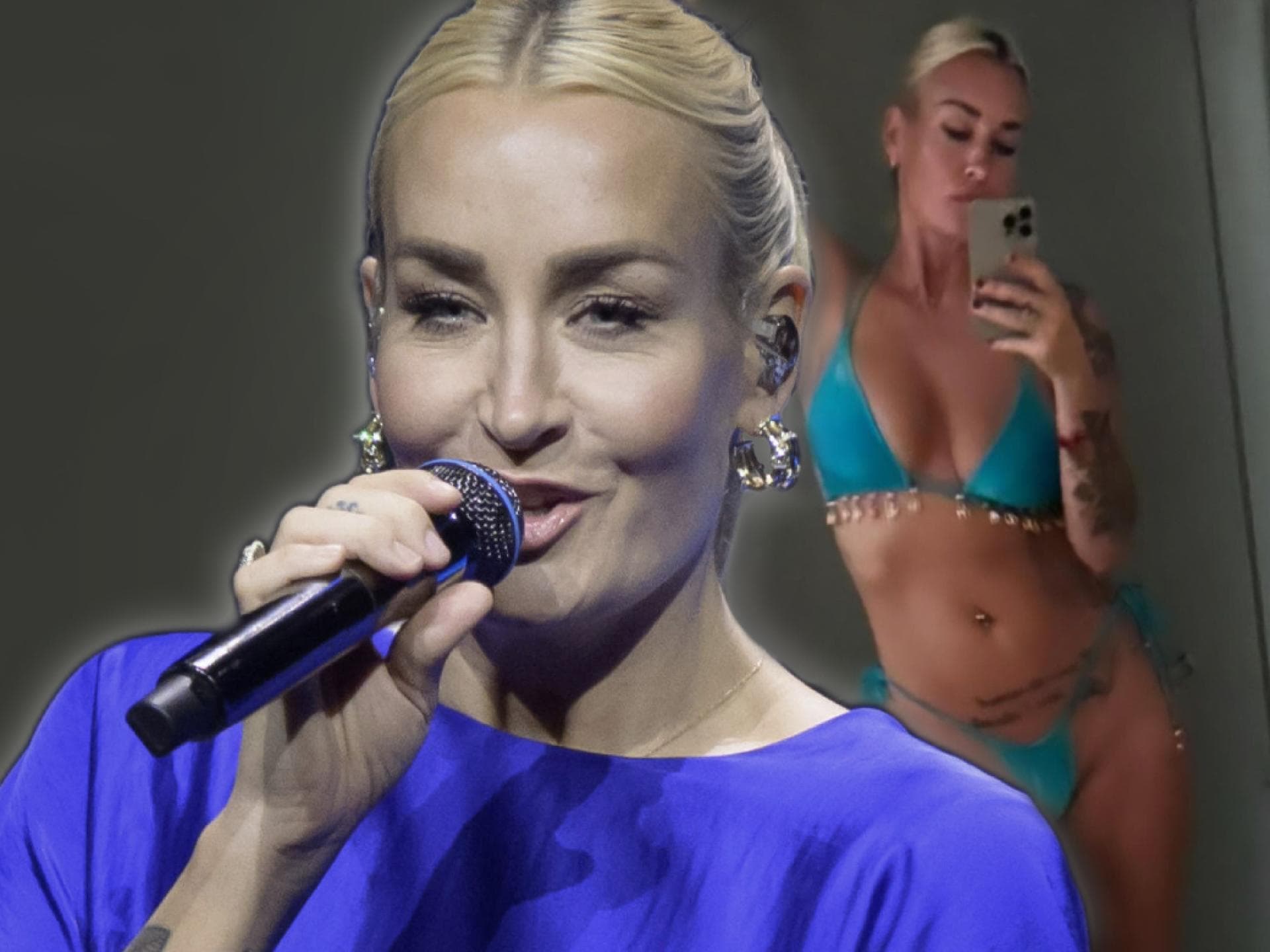 Sarah Connor mit Mikrofon in der Hand, im Hintergrund ist ein Bikini-Selfie von ihr zu sehen