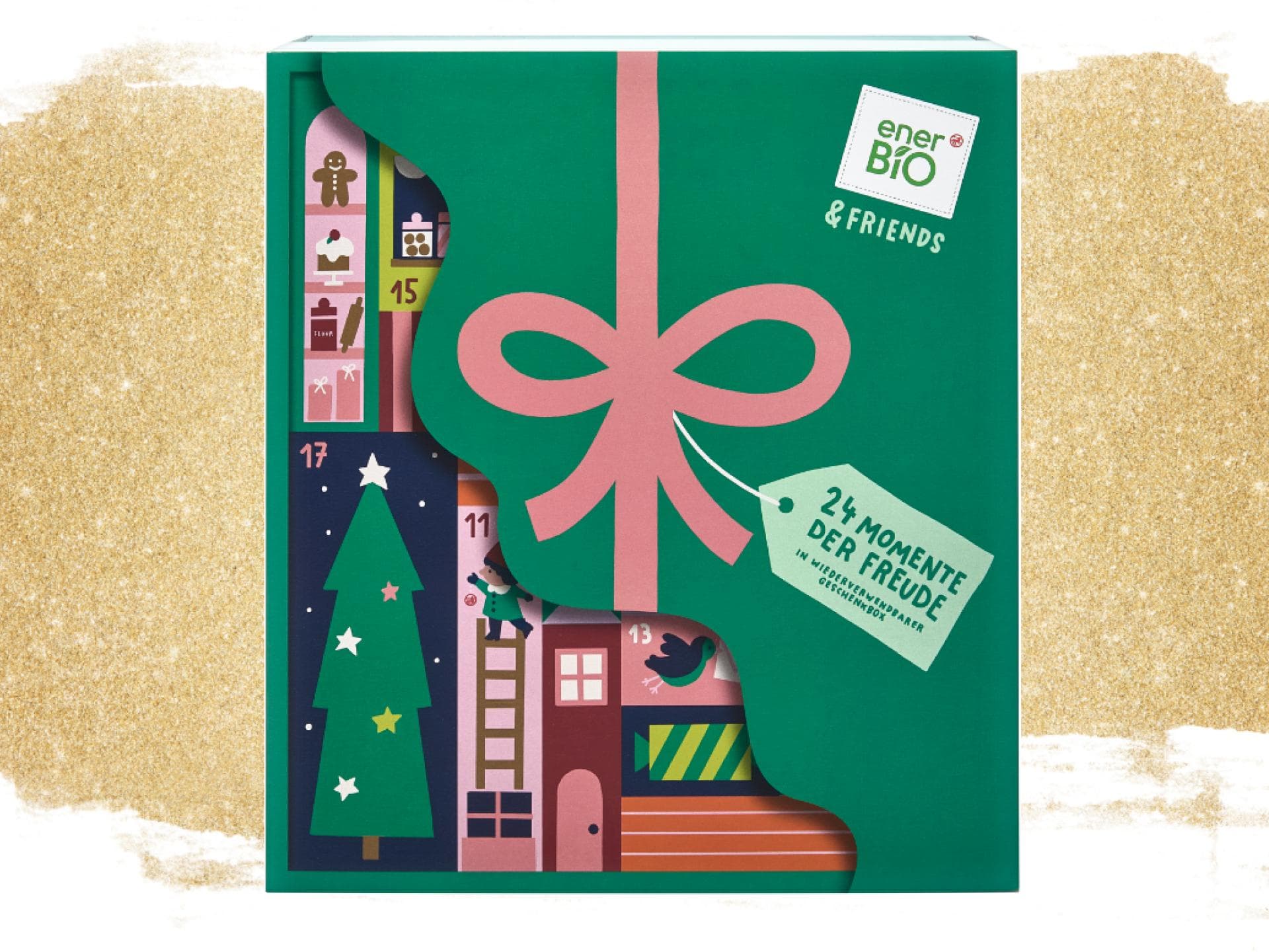 Enerbio Adventskalender  Enerbio Adventskalender auf Gold Glitzer