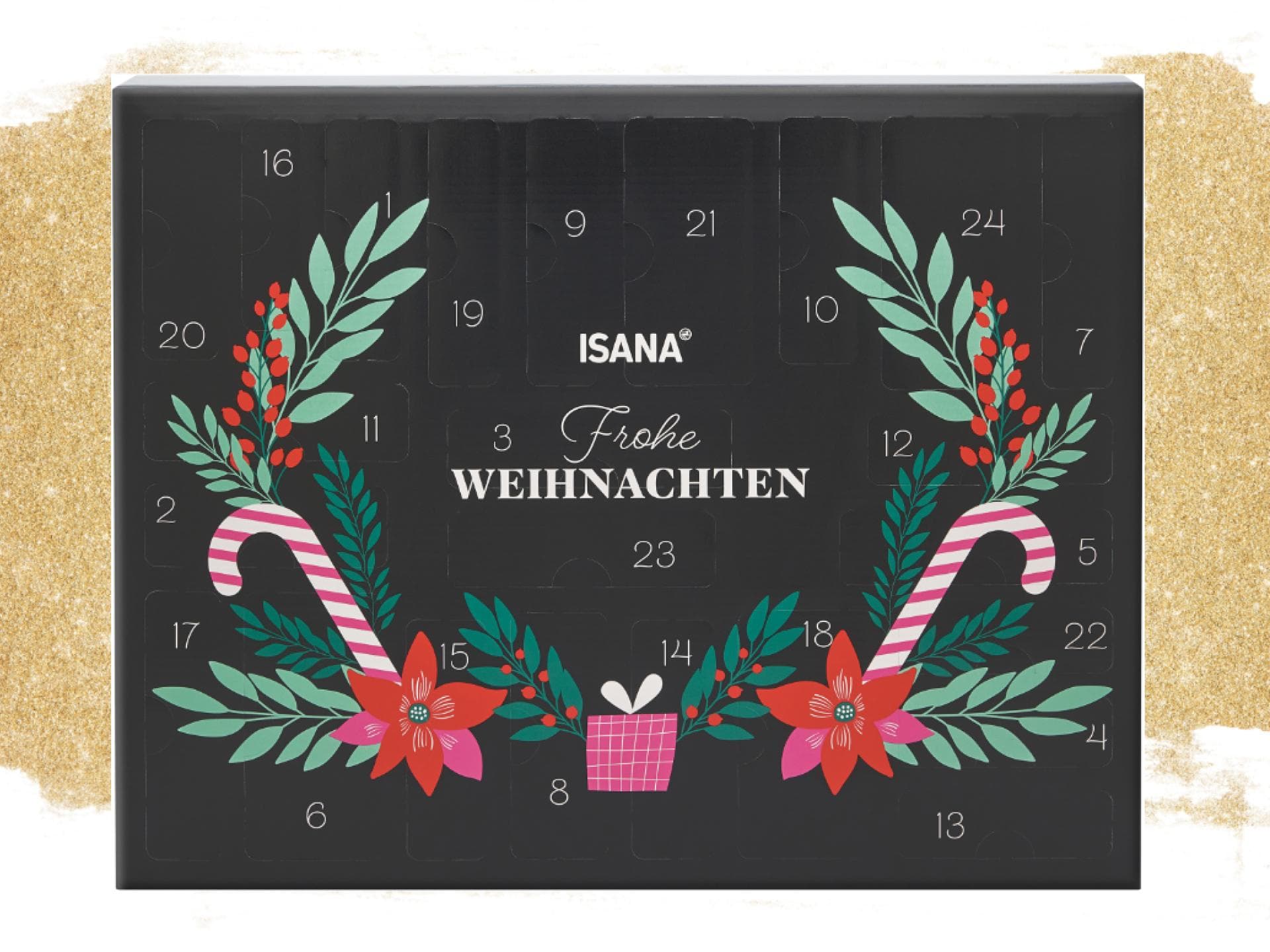 Adventskalender von Isana Adventskalender Isana auf Gold-Glitzer