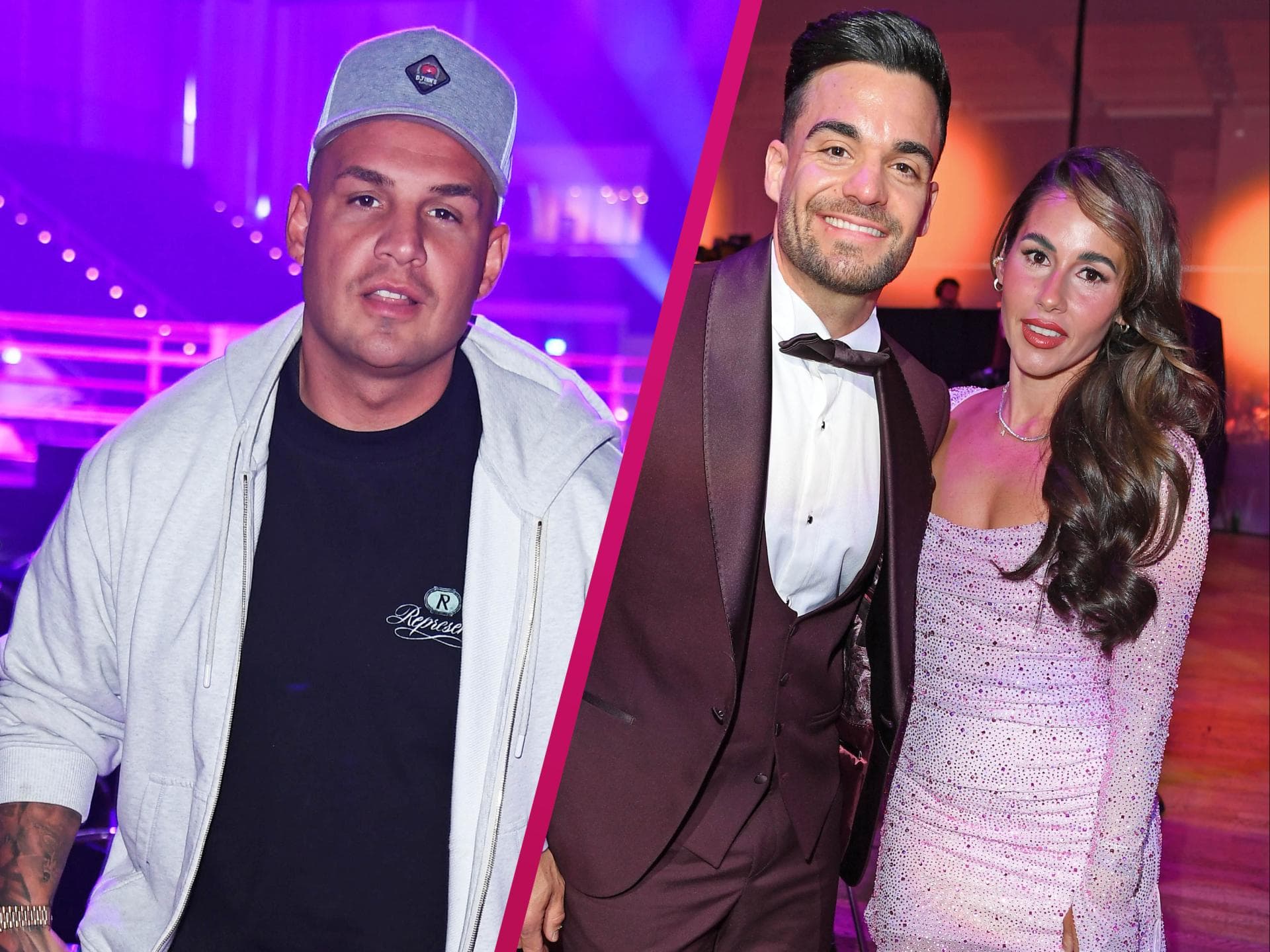 Pietro Lombardi guckt ernst, Stefano Zarrella und Sarah Engels lächeln Arm in Arm