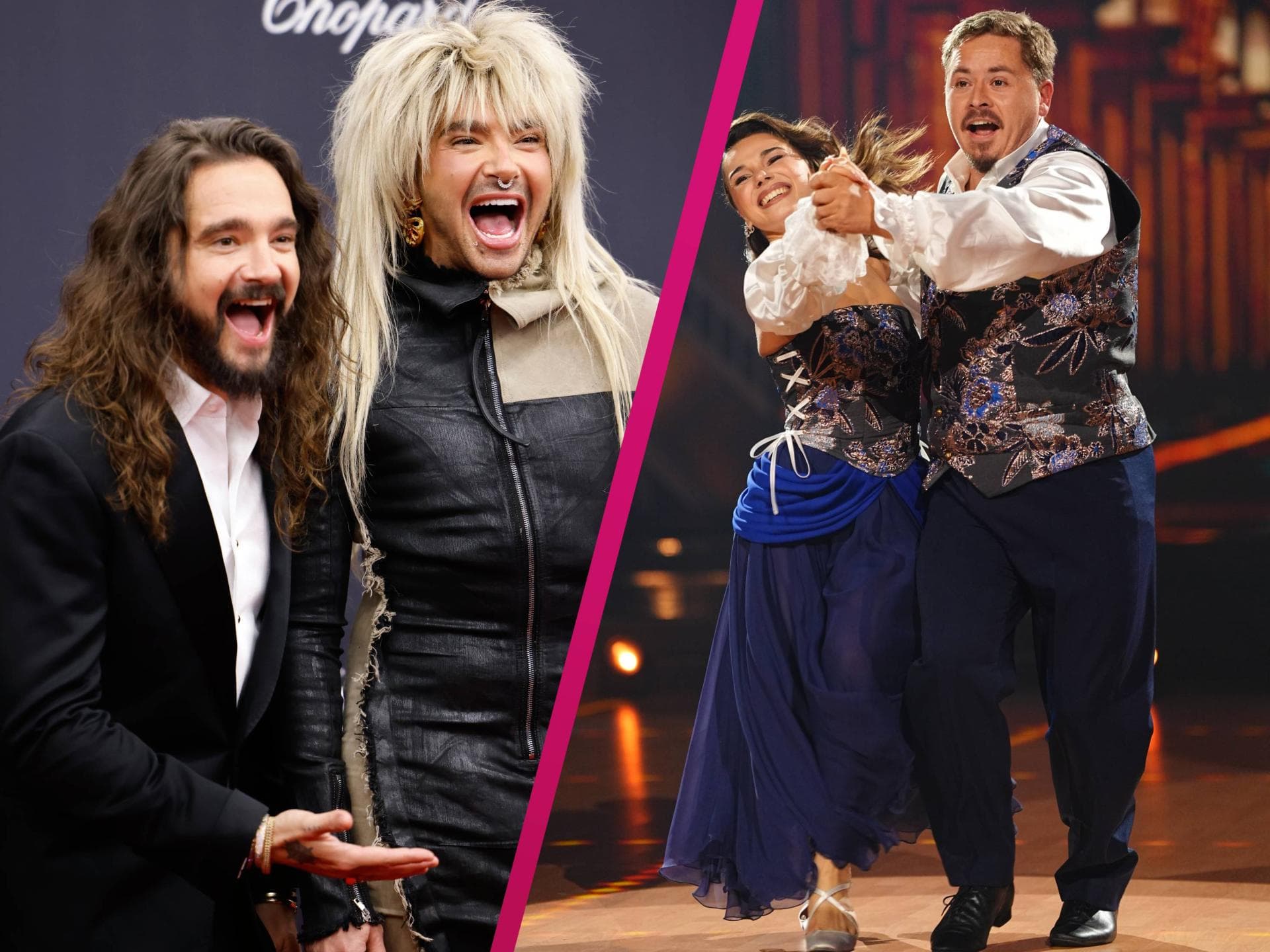 Tom Kaulitz und Bill Kaulitz lachen, Anastasia Maruster und Gustav Schäfer bei Let's Dance