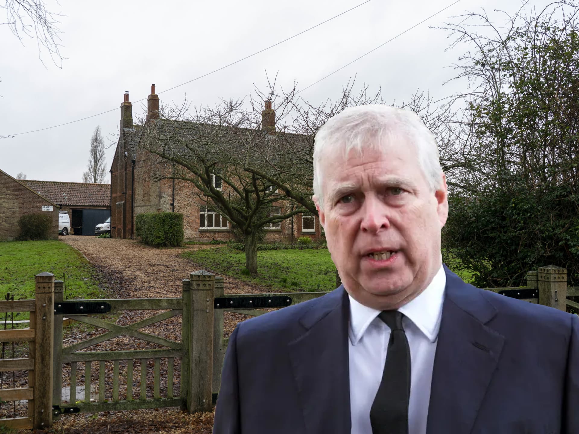 Foto-Kollage von Andrew Mountbatten Windsor vor der Mash Farm