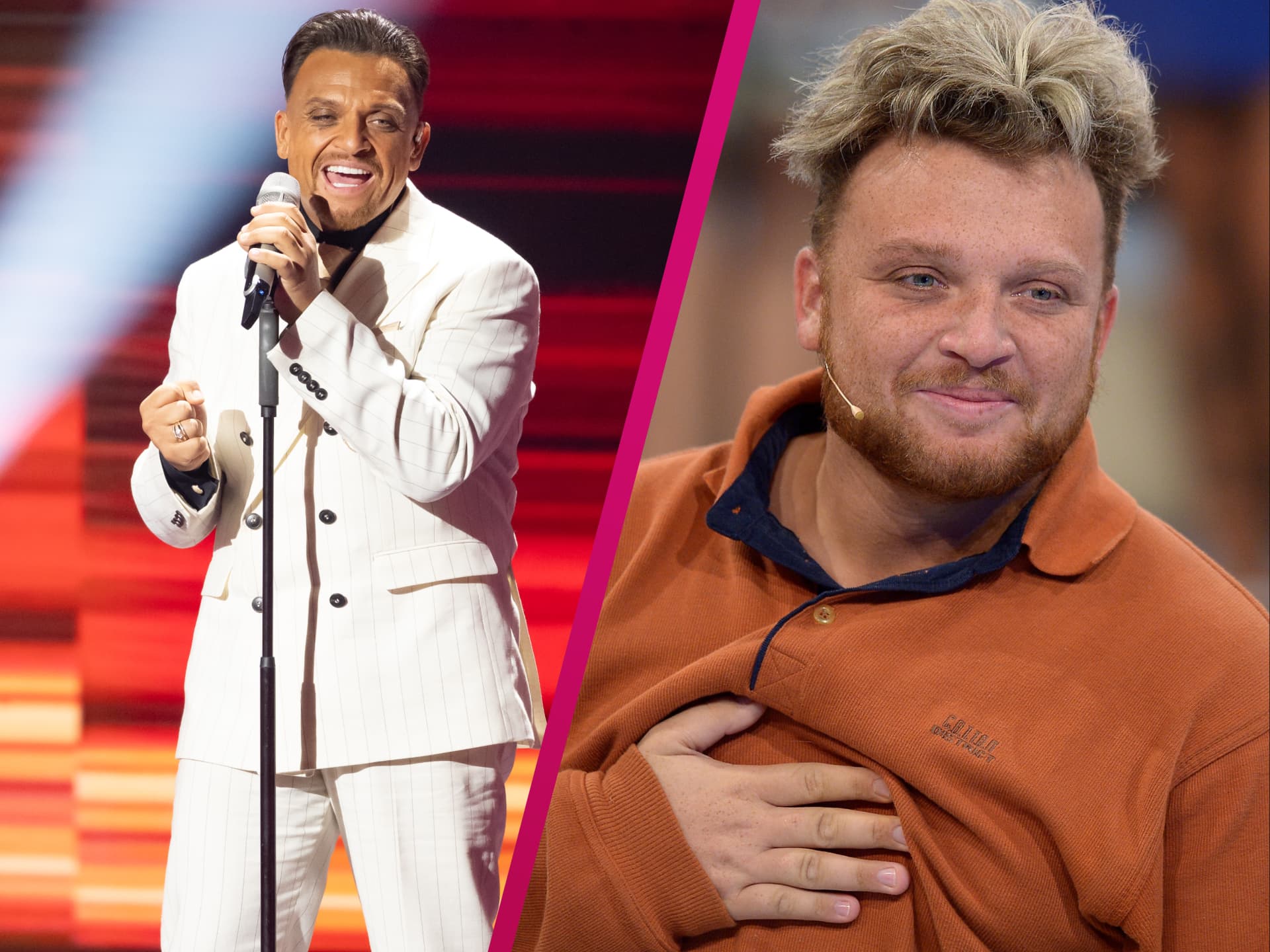 Menowin Fröhlich 2026 auf der DSDS-Bühne und daneben früher im Jahr 2015 vor seinem Abnehm-Erfolg