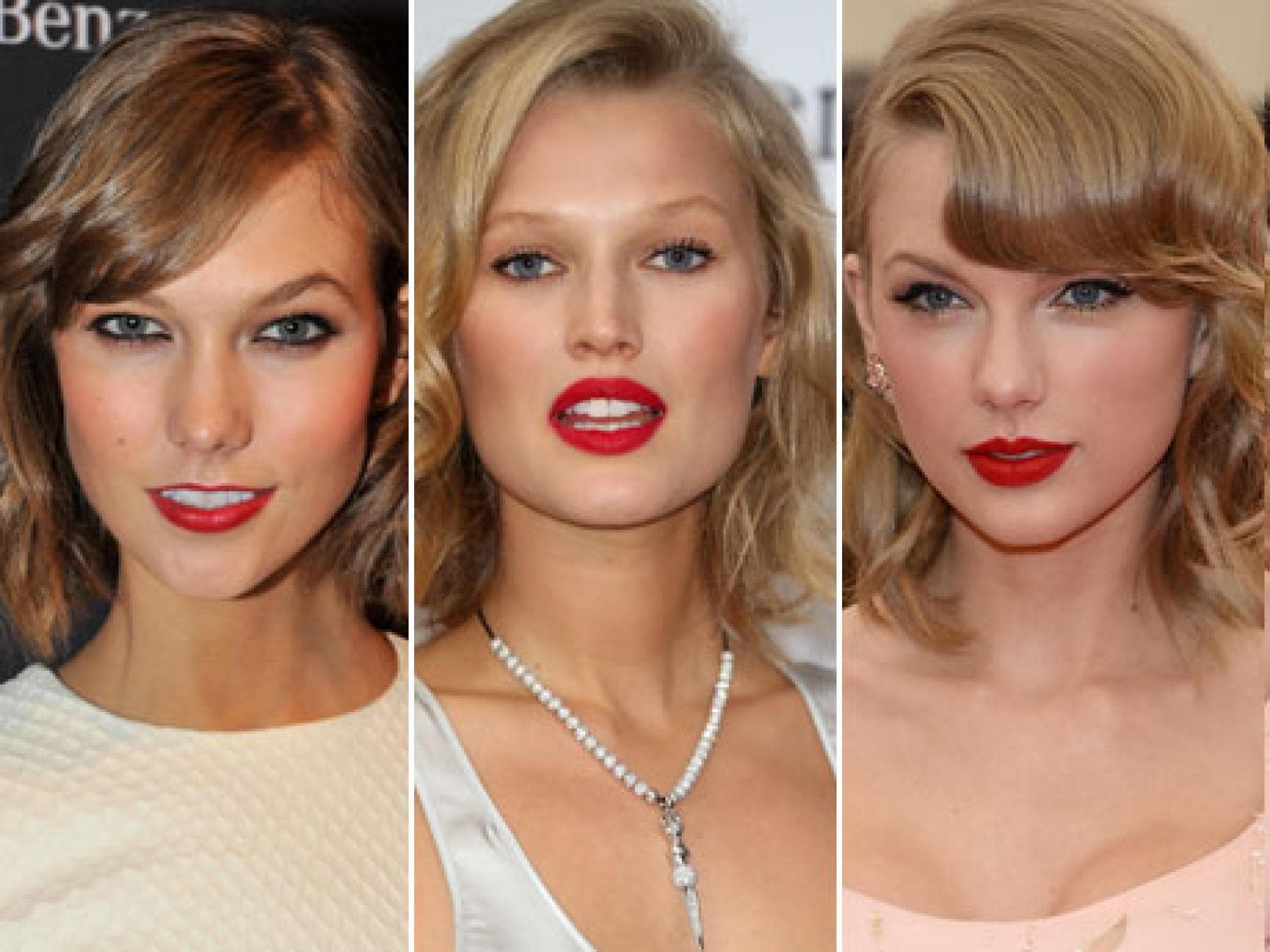 Flotter Dreier: diese Damen haben doch verblüffende Ähnlichkeit: Modle Karlie Kloss, Kollegin Toni Garrn und Superstar Taylor Swift mit Bob und knallroten Lippen. Heiß!